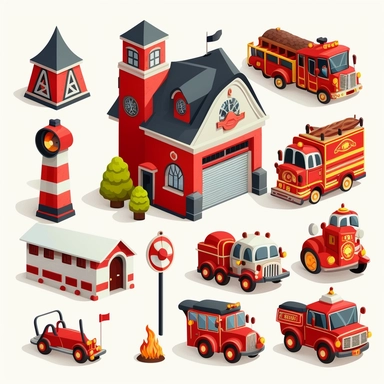 cartoon fire station clipart set vector white background