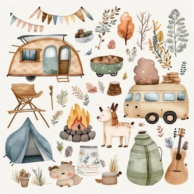 Watercolor boho camping illustrations clipart set, simple, soft colors, cartoon elements, different variants, cute little boy, tent, campervan, camping related items, pots, bonfire, , separate elements with a margin