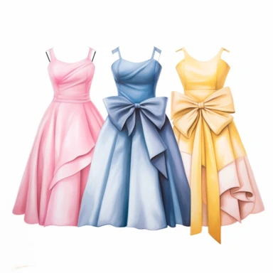 2d illustration of 3 prom dresses, fashion illustration, clipart, illustration, off shoulder wrap dress with giant bows, pink, blue, white, yellow on mannequin, white background, 360dpi,