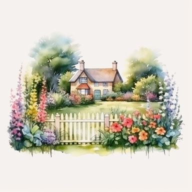 watercolour English cottage garden with a mix of colorful flowers and hedges plain background a png image that can be used as clipart