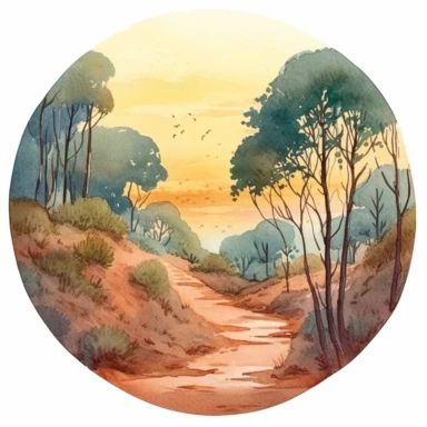 watercolour clipart of a pathway leading down into a forest valley during sunrise, bush walk, serene, peaceful, wanderlust