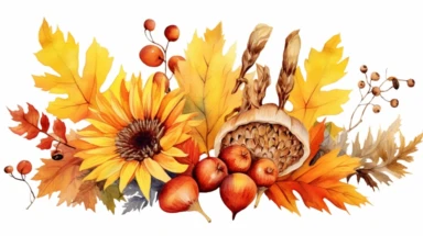 Watercolor fall illustration. Autumn leaves, sunflower bouquet, maple leaf, rowan berries, oak leaf, acorn, mushrooms arragement. Thanksgiving clipart