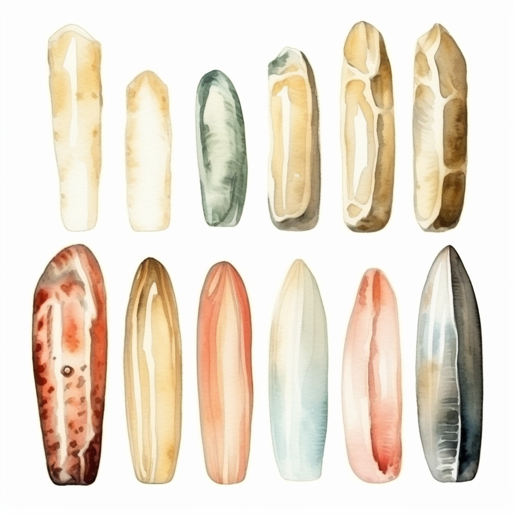 watercolour illustration style of different razor clam shells isolated