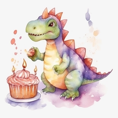 High resolution, cute dinosaur holding birthday cake, watercolor clipart, completely white background