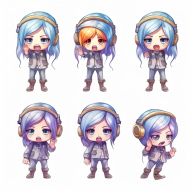 a watercolor Kawaii looking gamer chibi female character doing different emotional emoji expressions. On white background as clipart. 6 panels with very different poses.