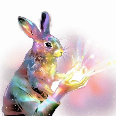holographic rabbit gently tugging on someone's leg. watercolor clipart. The lighting is normal, but the colors are eye-popping, with a vivid holographic effect that makes the rabbit stand out. The composition shows the rabbit in its best view, with a playful expression as it tries to get the person's attention. It's a heartwarming and whimsical scene that captures the special bond between humans and animals.