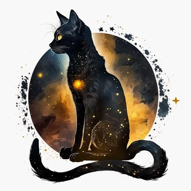 a sitting skinny pagan black cat in front of big starry sky portret, clipart, moon, watercolors, white background, stars, planets, galaxy, magical, ornaments, little golden stars, full body, pictorial space, sparky, golden glitter, oraneg eyes, use Cool Color Palette