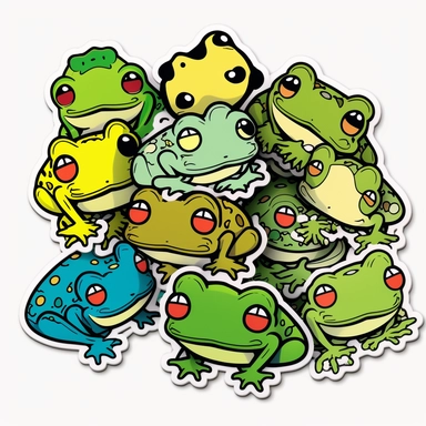 stickers of 10 brilliantly colored frogs separated frog stickers based on these keywords: stickers, black outline, stickers, colorful, lots of green too, 2d vector illustration sticker phone case stickers book journal stickers tiny stickers luggage stickers stickers skateboard stickers stickers goth stickers anime stickers laptop anime decal stickers spooky stickers thank you stickers printable frog sticker frog stickers cute frog sticker cute frog toad sticker water bottle sticker cute sticker 