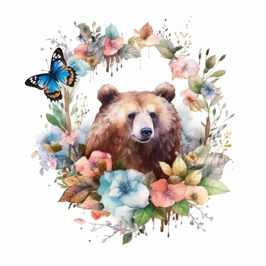 Generate a cute, happy cartoonish watercolor-style clip art of a mystical brown bear on its back, in pastel light tones, Oak tree, birds, leaves, and flowers around the brown bear, white canvas, white background, high detail, 8k