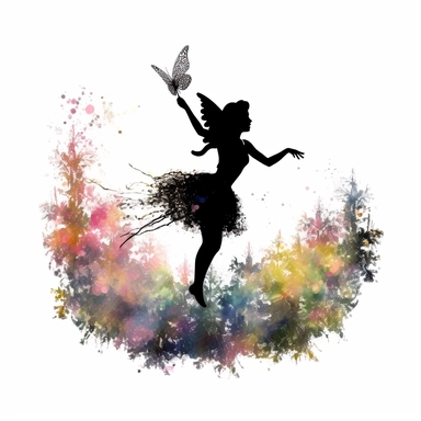black silhouettes of cute fairy flying with magic wand in the forest, clipart with white background, watercolor style, clearly defined separate image, high quality--ar3:4-no mockups, watermarks, numbers, writing, letters--q2--v5.1--s1000