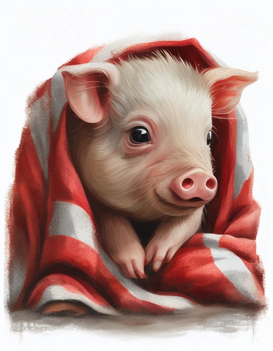 cute baby pig in a red blanket, watercolor clipart, transparent background,