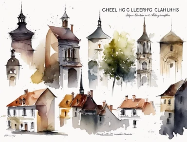 simple and loose watercolor sketches of old european towns clipart, over white bg, sharp focus, 8k, drawn by Thomas Schaller