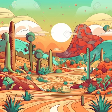 Cartoon clipart clean lines, Martian Oasis, vivid colours, lots of different plants and scrubery. Vast desert back drop with stunning sky line. Large alien palm trees. child friendly
