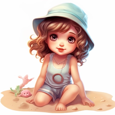 clipart of super cute baby girl in the beach brown hair white background charming anime characters Thomas Kinkade Nadja Baxter Anne Stokes Nancy Noel