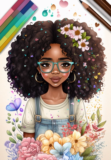 2d watercolor clipart kawaii, spring, april, character of beautiful african american woman, Intricately rendered dark Skinned woman, full body portrait, intricately rendered, 8k, long thick curls brown hair, sparkles, generously detailed, hyper realistic, digital, long rainbow eye lashes, beautiful retro comic urban chick, smart, books, nerdy, glasses, 8k,
