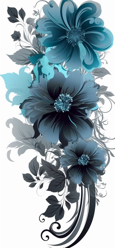 blue flowers with swirl and swirls transparent background png clipart, in the style of light blue and dark black, yuumei, uhd image, striped arrangements, tropical baroque, black background, dark white and sky-blue