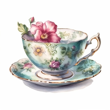 vintage tea cup, hyper realistic, pink, blue, green, watercolor clipart, white background