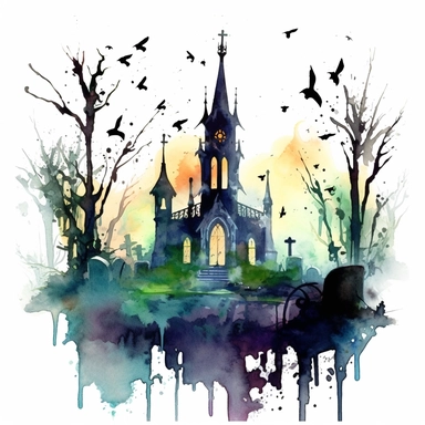 isolated clipart showcasing a spooky gothic haunted graveyard isolated on white background, graveyard appearing as if it were taken from a fairy tale, adorned with ornate tombstones, turrets, and ivy-covered walls, their silhouettes casting elongated shadows on the mist-covered ground below, the forest enveloped in an otherworldly glow, watercolor painting, ethereal washes of color capturing the magical atmosphere,