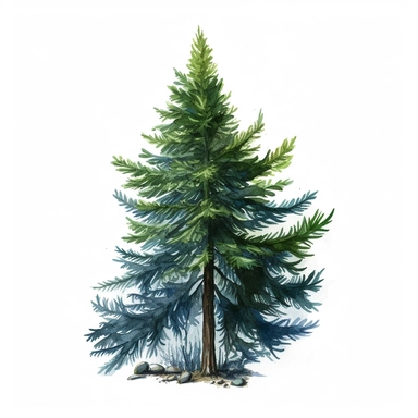 hyperrealistic detailed watercolor and oil illustration of Nordmann Fir (Abies nordmanniana): with glossy, dark green needles, in the forest, clipart , dark green with blue color of the tree--q 4