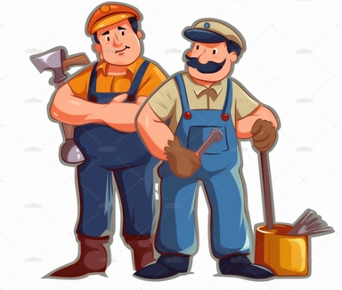 a plumber and a carpenter, cartoon cliparts and vectors, in the style of oil and enamel paintings, navy, hallyu, sketchfab, history painting, bright color blocks, ready-made