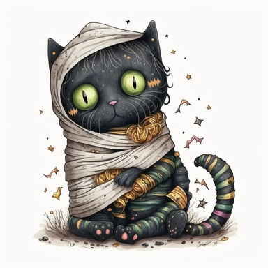 cute mummy black cat halloween, Watercolor style, Clipart,highly detailed on white background