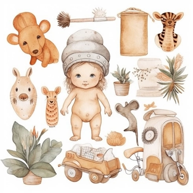 Clipart watercolor, newborn , cute boho neutral colors ,all doing different actions for children separate drawings on a white background with a margin, drawing with watercolors , thing related to newborn, neutral colors, minimalistic, adorable, shabby chic ,baby nursery