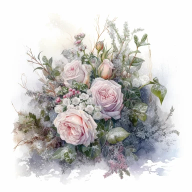 isolated on white illustration watercolor art of a elegant bouquet with white and light pink roses and flowers, covered with snow and ice, a lot of moss and branches, lace and embroidery, masterpiece by Tomasz Alen Kopera style and by Carl Holsoe style and by James C. Christensen style and by Alexander Jansson style, Baroque Architecture, PNG clipart, isolated on white, white background, extreme photorealistic details, 32k HD resolution, realistic high detailization high resolution