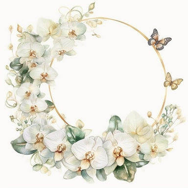 for wedding photo frame, use delicate white orchids and small roses, eucalyptus leaves to create a light and oval frame, romantic, elegance, classic design frame, illustration, card illustration, natural, Pinterest style invitation or greeting card design, clip art style, pretty, fancy design, watercolor and ink, pastel tone, lovely vintage frame, Floral Wreath