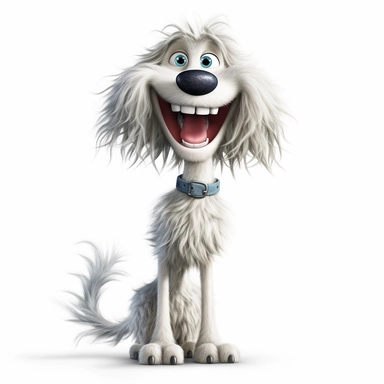 a really skinny cartoon dog with big smile, hair frizzed out, funny, full body image, pixar style, clipart, white background