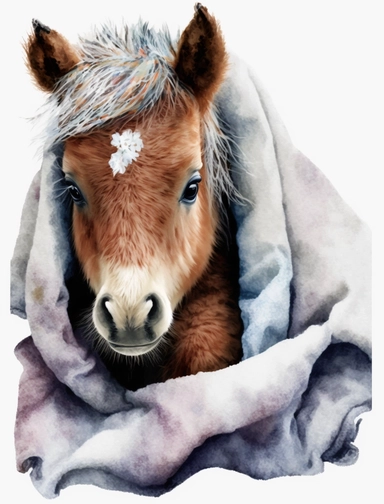 baby horse in a blanket, watercolor clipart, transparent background,