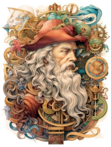 Peter Flotner creates woodcut watercolor synesthesia of the renaissance merchant, clipart, hd, on white background
