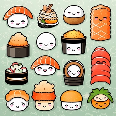 realistic , digital stamps vector asain kawaii food Kawaii Sushi clipart set, Cute sushi clip art, Salmon nigiri, Onigiri, Maki, Ramen, Noodles, Sushi rolls, Japanese food cliparts, Printable Planner stickers, Vector graphics, line art, black and white