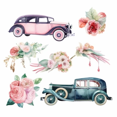 Wedding transportation, such as limousines, vintage cars, watercolor png clipart on a white background