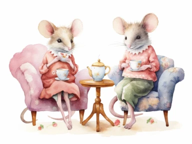 two pink female Mice friends, watercolor clipart, wearing vintage clothes , sitting on a sofa , holding teacups, perfectly drawn legs, white background