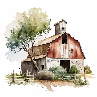 barn clip art, watercolor, white background, no caption