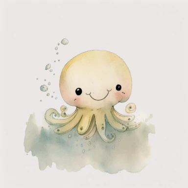 watercolor and pencil drawing of an an anthropomorphic baby chibi octopus, happy, gentle smile, beautiful watercolor ink wash coloring, thick pencil lines, Jon klassen, beatrix potter, popular on etsy, watercolor illustrations clipart, watercolor illlustrations for kids and children, plain white background