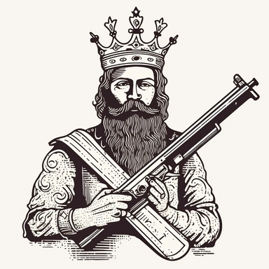 a 2d vector of a king wearing a finnish crown holding an 1660's flintlock rifle in a vertical position,clipart,simple,symmetrical, in the style of handdrawn illustration, precisionist art, american prints 1880–1950, blink - and - you - miss - it detail, textural explorations,white background