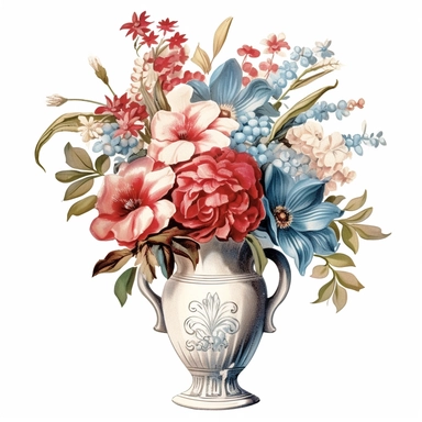 pastel red white blue color vintage wedding floral bouquet in a vase clipart