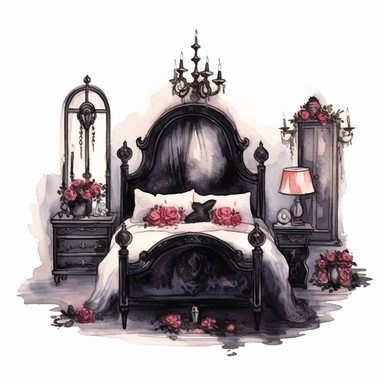Gothic style bedroom with watercolor effect, suitable for digital clipart, white background, gothic scene, gothic colors, gothic tools, gothic roses, skull, dark scene