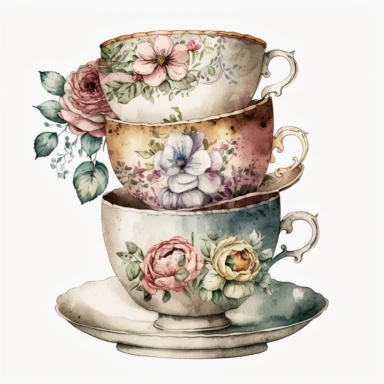 vintage old school tea cups stacked onto each other, watercolour clipart