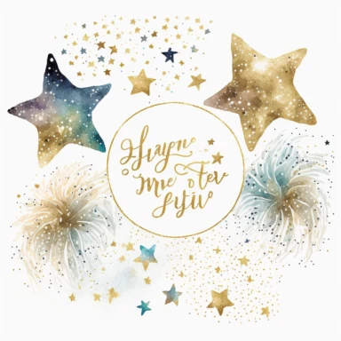 new years eve party, glitter, stars, watercolor, white background, clipart