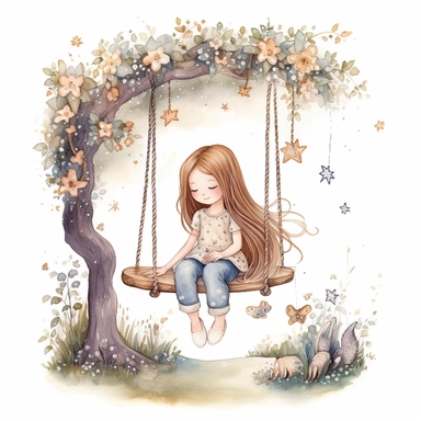 pale soft little girl, 5 years, long hair, pompom shoes,sitting on a swing hanging under a tree, with flower headband, in the style of whimsical, stars, moon, detailed character illustrations, book illustration, watercolor style, textured paper, white background clipart