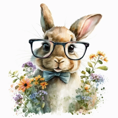 smiling rabbit, wearing glasses and a tie, in the style of digital painting and drawing Beatrix Potter, siting in the flowers, i can't believe how beautiful this is, uhd image, grid-based, charming character illustrations, free brushwork, watercolorist, white background, clipart -