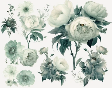mint green pastel vector clipart flowers, in the style of dark white and light emerald, victorian-inspired illustrations, detailed botanical studies, nick alm, jeannette guichard-bunel, sterling silver highlights, hand-painted details