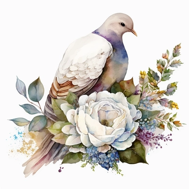 clipart aquarelle watercolor, detailed ans realistic, white background. beautiful flower tribute in white color, white theme, Bouquet for funeral, loss, sorry, with additions like sash ribbon, white dove