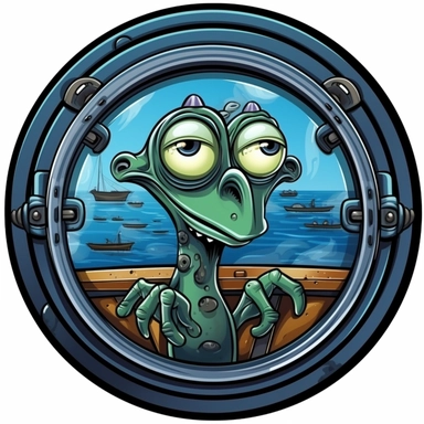 funny cartoon alien looking out a black porthole of a ship filled with water, clip art style