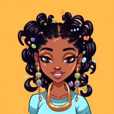 Design a playful and colorful logo for a bead bracelet business targeting kids. The logo should incorporate clipart elements that represent the fun and creative nature of the brand. Use vibrant colors and shapes to make the logo visually appealing and engaging for young children. The logo should convey a sense of friendship, imagination, and the joy of creating unique bead bracelets. Black teen girl, black girl long hair, cartoon, clipart, makeup