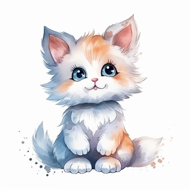a whimsical cute fluffy baby cat cartoon clipart on white background with margins, watercolor, icon, sticker art