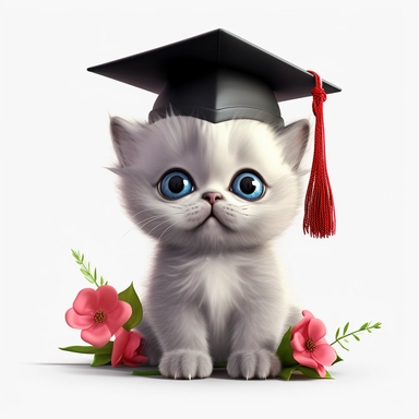 cute baby kitten wearing graduation cap, flowers, in the style of Pixar, clipart, hd, on white background, - - ar 3:2, s 1000