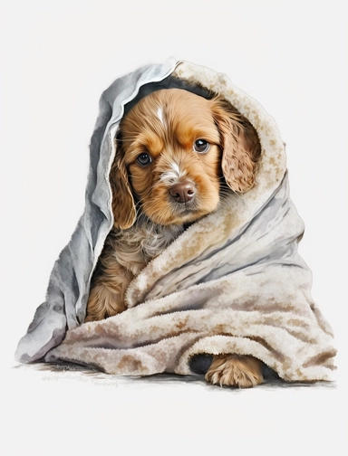 baby dog in a blanket, watercolor clipart, transparent background,
